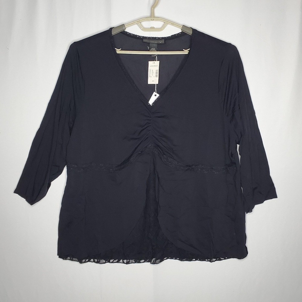 Venezia 26/28 Vtg Y2K Empire Top Black Lace Trim Nylon Knit Witchy‎ Whimsigoth